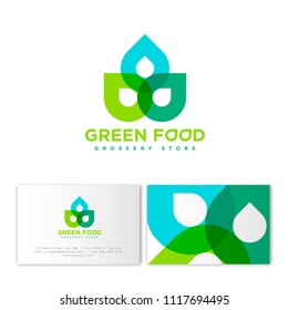 Green food logo. Grocery store emblem.  Abstract transparent figures of green elements. Eco flat icon. Identity. Business card.
