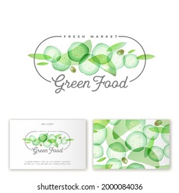 Green Food logo. Slices of cucumber and greens at watercolor style. Emblem for organic green-food restaurant, fresh vegan and vegetarian cuisine, fast delivery.