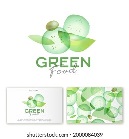 Green Food logo. Slices of cucumber and greens at watercolor style. Emblem for organic green-food restaurant, fresh vegan and vegetarian cuisine, fast delivery.