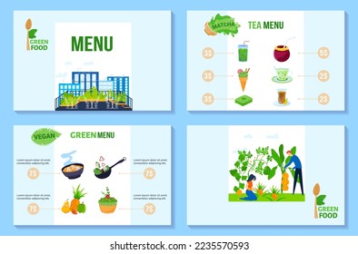 Menú de alimentos verdes ilustraciones vectoriales, caricatura de menú vegetariano o vegetariano con alimentos ecológicos ecológicos vegetales sanos y alimentos y bebidas