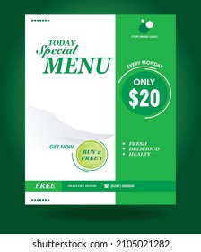 Green Food Poster Template Simple Design. Cool And Pleasing To The Eye So That The Picture Of The Food Will Look Attractive. Can Be Used As Poster, Social Media Advertisement