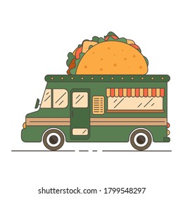 Green food truck with mexican taco in flat style. Vector illustration on white background