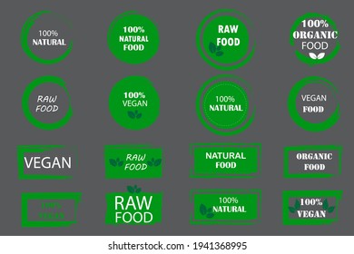 green food vegan icons. Vegan, bio food. Food logo. Design element. Stock image.