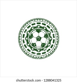 Green football ball icon inside distressed rubber grunge seal