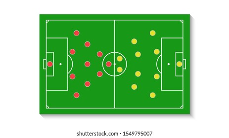 A green football field with a tactical scheme of the arrangement of players of two soccer teams on the board, organization of a game diagram for a fantasy league coach