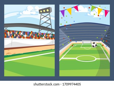 Green football fields with marking and stands set vector illustration. Play-field with fans and gates cartoon design. Sport and team game concept. Soccer background collection