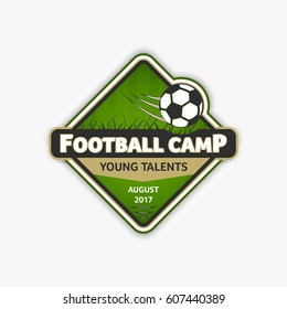 Green football logo template. Soccer logotype. Vector emblem sport design with ball and grass.