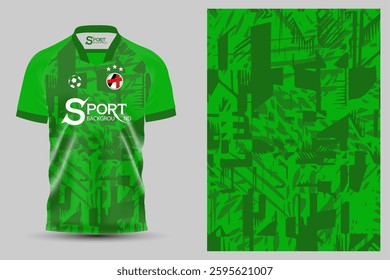 Green football shirt with abstract pattern. Abstract pattern consists of geometric shapes and lines in different shades of green.