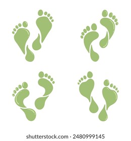 Green footprint silhouette set on white background. Vector human footprints icons collection