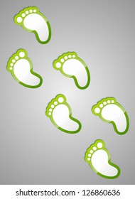 Green footprints on grey background. Vector illustration.