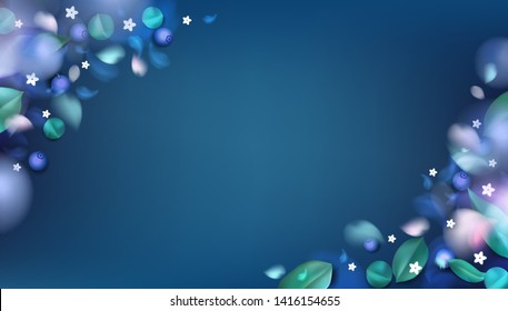 Green forest background with blurred flower petals, blueberry and spring leaves vector illustration