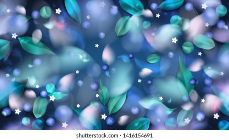 Green forest background with blurred flower petals, blueberry and spring leaves vector illustration