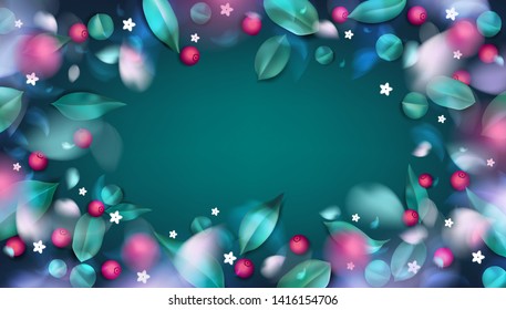 Green forest background with blurred flower petals, pink berries and spring leaves vector illustration