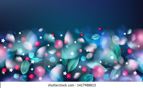 Green forest background with blurred flower petals, blueberry and spring leaves vector illustration