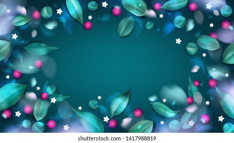 Green forest background with blurred flower petals, berries and spring leaves vector illustration