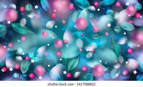 Green forest background with blurred flower petals, blueberry and spring leaves vector illustration