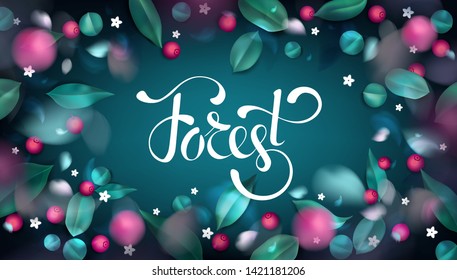 Green forest background with blurred flower petals, wild berries and spring leaves vector illustration