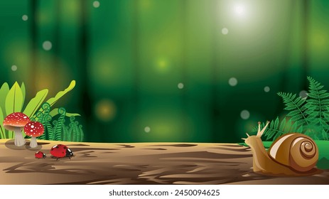 Green forest background with foreground of logs and small trees with a ladybug. Small ladybug. and snails walk on logs