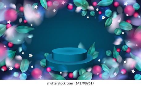 Green forest background with podium, blurred flower petals, blueberry and spring leaves vector illustration