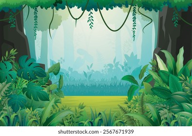 Green forest background with various kinds of plants