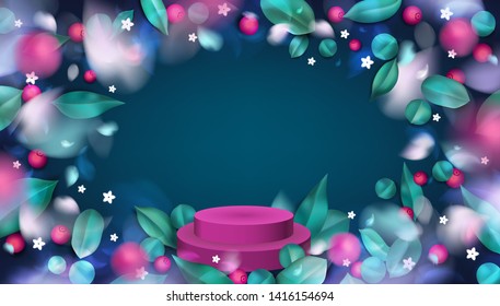 Green forest background withpodium, blurred flower petals, blueberry and spring leaves vector illustration