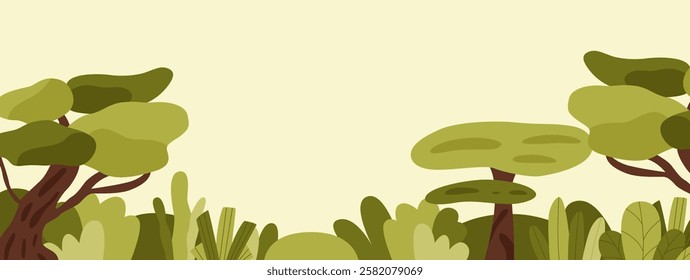 Green forest banner design. Background with summer or spring trees and shrubs. Flat vector illustration.