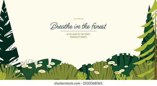 Anuncio de bosque verde. Fondo Horizontal con árboles y arbustos, concepto ecológico de la planta de la hoja de la ecología de la naturaleza. Vector verde bosque panorama ilustración.