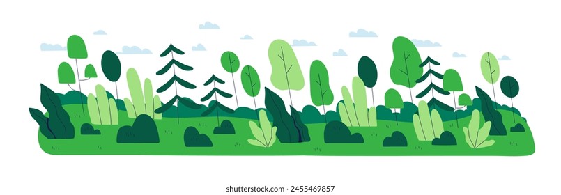 Green forest border. Woodland landscape with trees, grass, shrubs. Abstract nature decoration. Summer plants, wood environment scenery panorama. Flat vector illustration isolated on white background