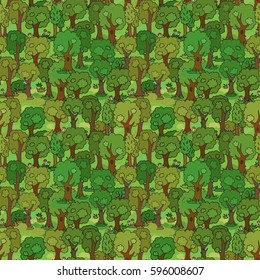 Green forest - cartoon style vector seamless background, pattern