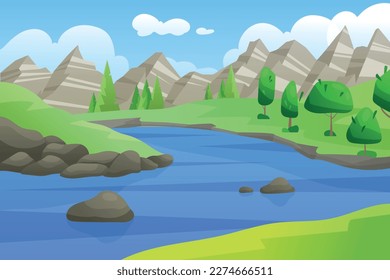 Bosque verde y río limpio. El paisaje natural. Flujo de corriente silvestre. Muchas nubes. Flores y árboles exuberantes en los campos. El paisaje de montaña. Vista natural. Fondo de caricatura garish vectorial