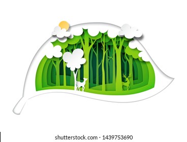 Green forest and deer wildlife with green leaf background layers paper art style.Ecology and environment conservation concept.Vector illustration.