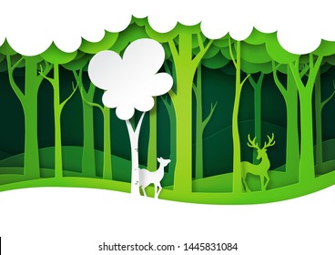 Green forest and deer wildlife with nature landscape background layers paper art style.Ecology and environment conservation concept.Vector illustration.