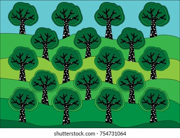 Green forest design.- Illustration
Field, Land, Lawn, Meadow, Season,Tree, mountain, branch,Green background