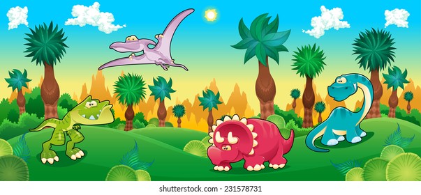 Grüner Wald mit Dinosauriern. Vektorgrafik-Illustration. 