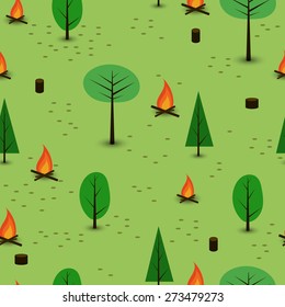 Green forest with fireplaces. Seamless pattern