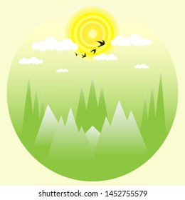 Green forest flying birds in the clouds vector illustration