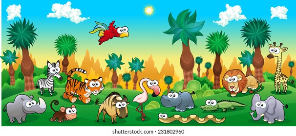 Green forest with funny wild animals. Vector cartoon illustration. 