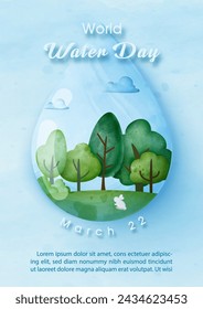 Green forest in a giant transparent water droplet with wording of World water day, example texts on  blue background. Poster's campaign of water day in watercolors style and vector design.