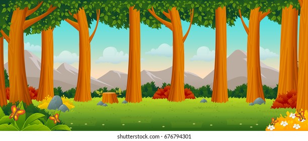 Green forest with grass and trees. Nature landscape.
