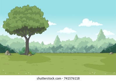 Grüner Wald mit Gras und Bäumen. Naturlandschaft.
