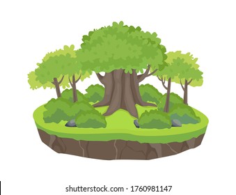 Isla del bosque verde. Antiguo roble de gran tamaño con jóven alga de hueso esponjoso hojas lados piedras de arbusto saturadas plataforma bosque cálido estado de ánimo de verano. Viajes de dibujos animados