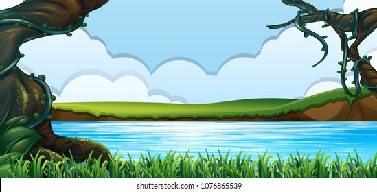 Green Forest and Lake Landscape illustration