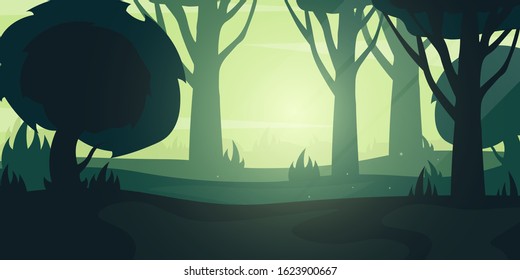 Green Forest landscape Background in the sunshine. Vector Illustration