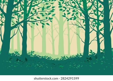 Green forest landscape background with tree silhouettes and leafy foliage in flat vector style