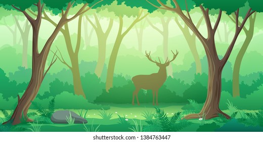 Bosques verdes de fondo con árboles y silueta de ciervos en estilo plano, ilustración vectorial