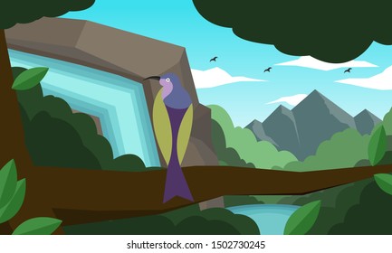 Green forest landscape background with trees waterfalls, lakes, mountains, forests and bird, vector illustration