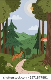 Green forest landscape background with trees and deer flat cartoon style, vector illustration. Elk with horns among fir trees, path way and spring or summer season, fairy wood