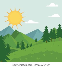 Ilustración de fondo de la caricatura sobre el paisaje forestal verde