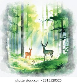 Green Forest landscape, deer, watercolor style