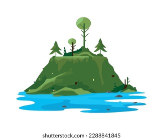 Green forest landscape with pine trees and water isolated
